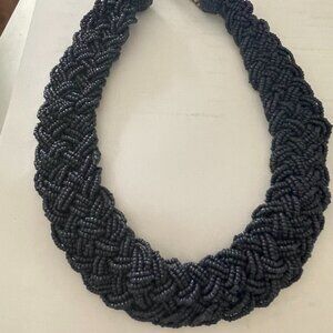 Necklace -Beaded Collar Style Flat Navy Blue